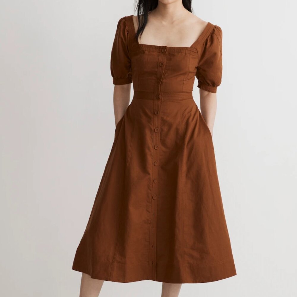 NWT! Madewell S6 Seamed Puff-Sleeve Midi Dress in Warm Coffee